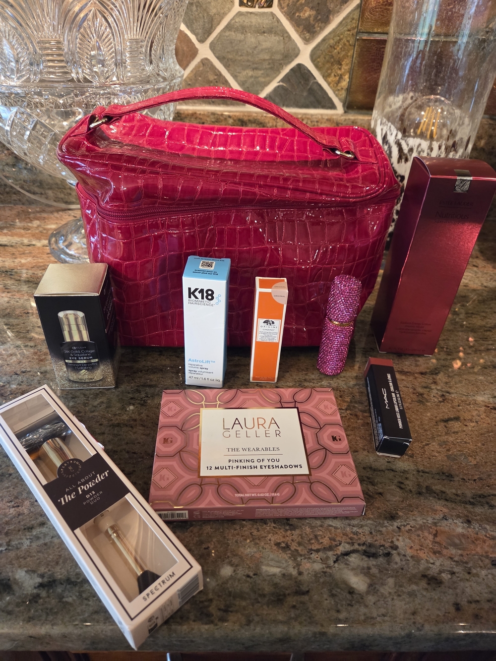 Bundle Of Beauty Productd In Red  Croc-Textured Cosmetic Bag